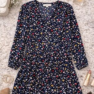 LOFT Navy Heart Print Babydoll Dress Medium Long Sleeve Flowy Mini
